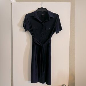 Navy Blue Elastic Dress With Collar and Waistband